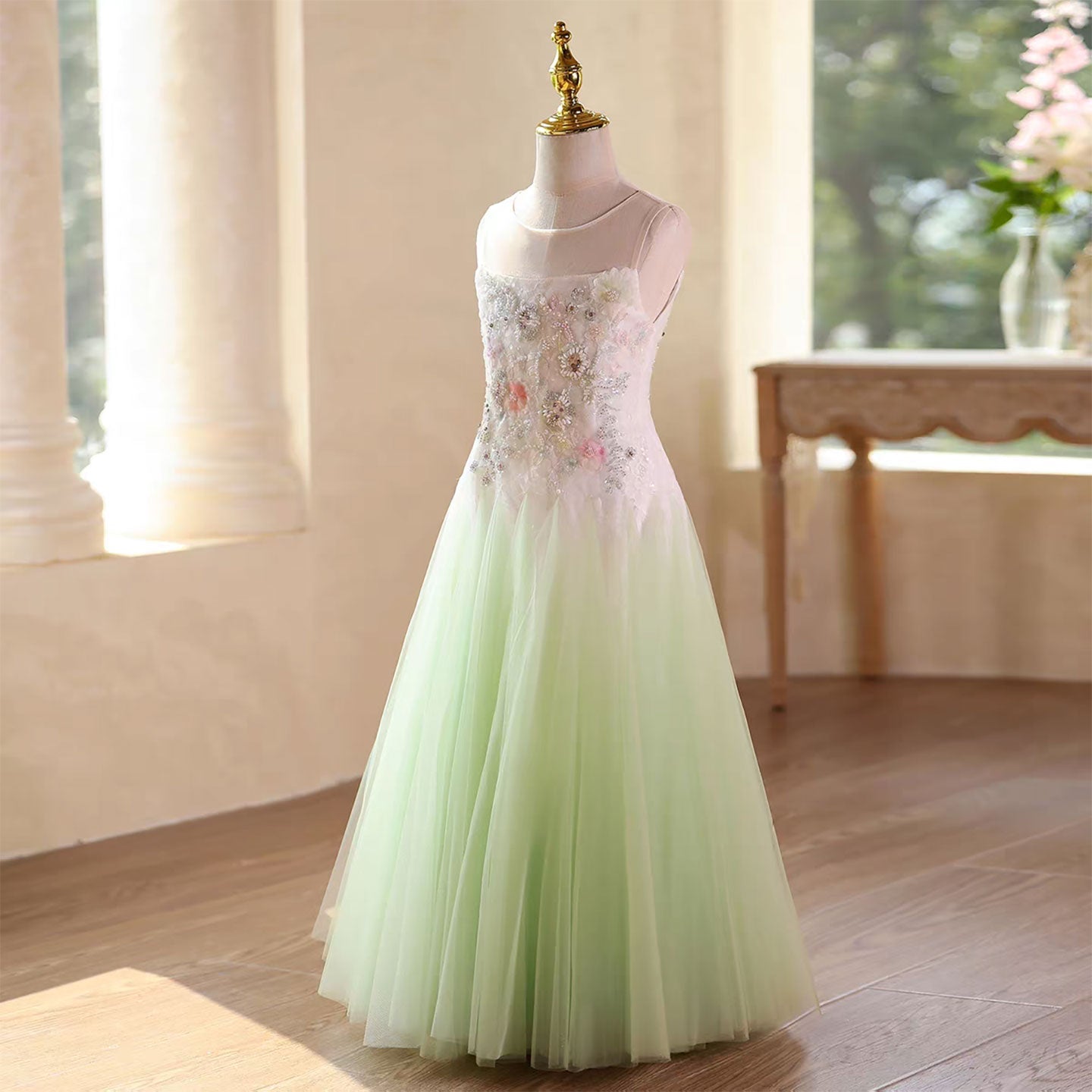 Green Flower Girl Dress with 3D Floral Appliqués Wedding Birthday J579