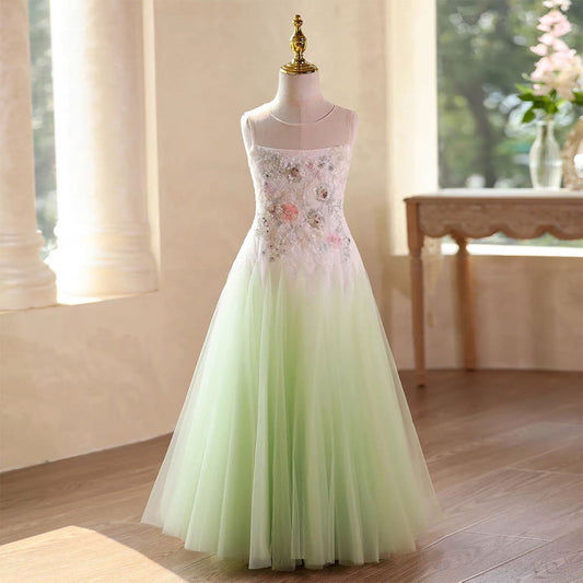 Green Flower Girl Dress with 3D Floral Appliqués Wedding Birthday J579