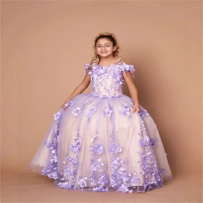 Luxury Lilac Flower Girl Dress for Kids Birthday Party Gown D175
