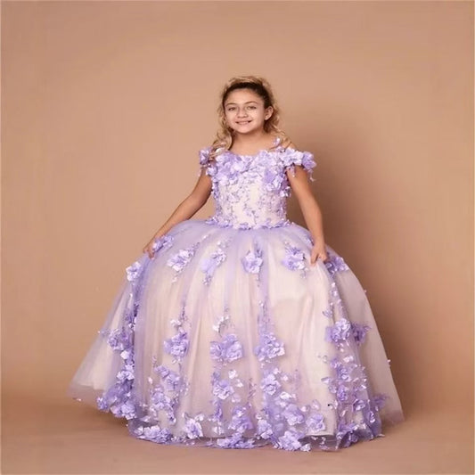 Luxury Lilac Flower Girl Dress for Kids Birthday Party Gown D175
