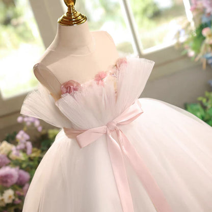 Pink Flower Girl Dress Applique Feather Tulle Keen Length J563