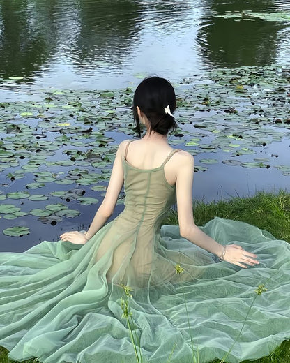 Gentle A Line Spaghetti Strap Green Tulle Long Party Dress Evening Dress SH2857