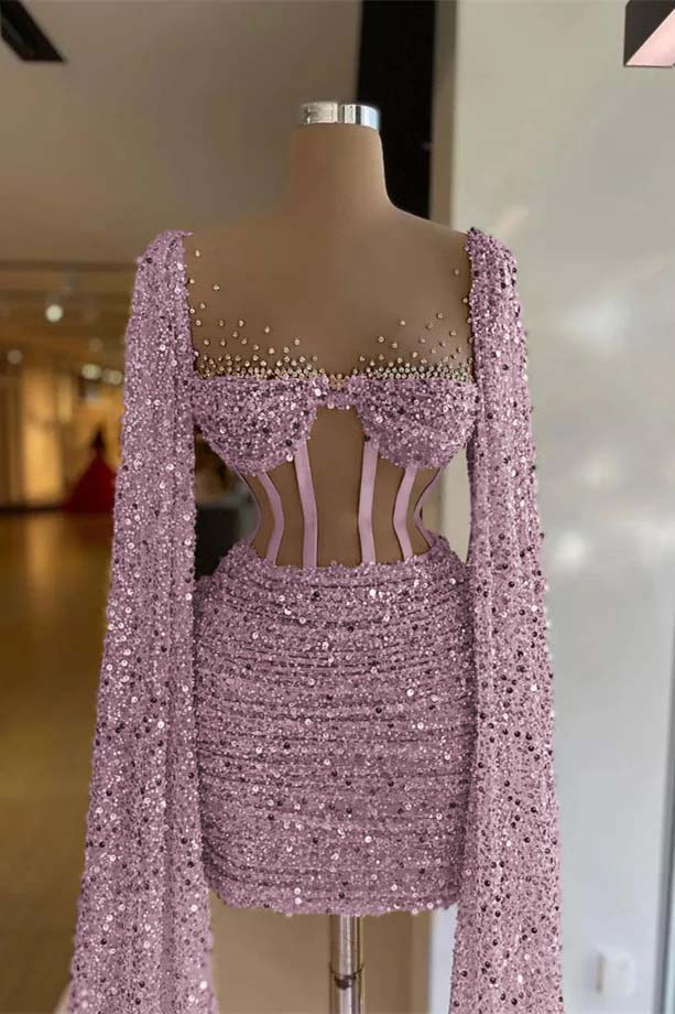 Hellodresses Sequins Square Long Sleeves Pleated Short Homecoming Dress With Beadings