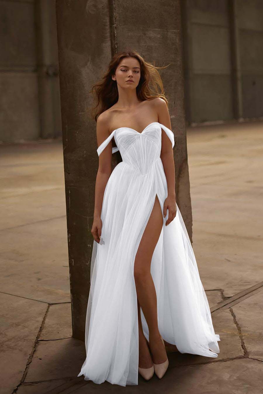 Beautiful Ivory Tulle Strapless Off the Shoulder Long Split Prom Dress with Ruffles | Zelldresses