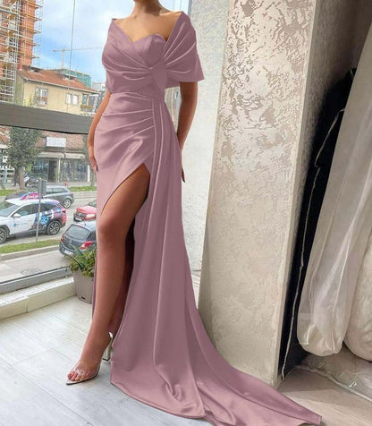 Gorgeous Dusty Sage Portrait V-Neck Pleated Slit Prom Dress with Ruffle ED0486