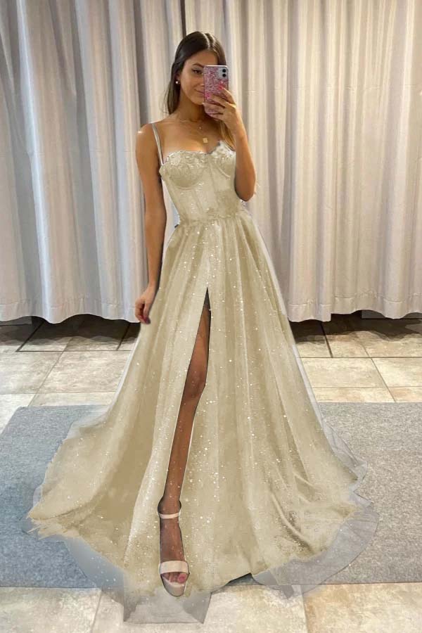 Spaghetti Strap Sleeveless Long Split Prom Dress With Sequins YC0151