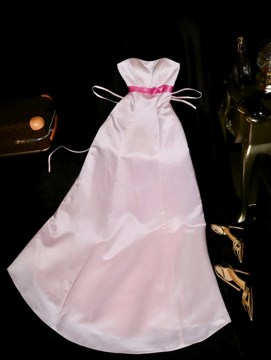 Cute A Line Sweetheart Neck Bow Light Pink Satin Long Prom Dress Party Dress SH3047