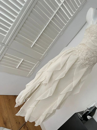 Cute A Line Spaghetti Strap Ruffle White Appliques Chiffon Party Dress Evening Dress SH2828