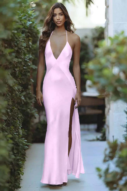 Halter Deep V Neck Sleeveless Backless Long Split Prom Dress XJ0378