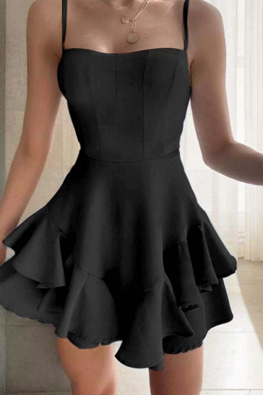 Slim Sky Blue Satin Spaghetti Strap Sleeveless Short Homecoming Dress With Ruffles HC0044