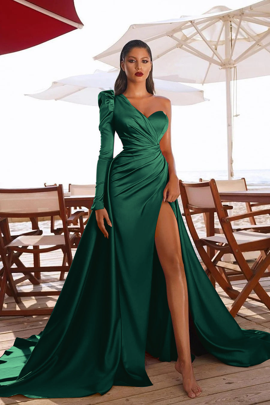 One Shoulder Long Sleeves Prom Dres With Split PD0105