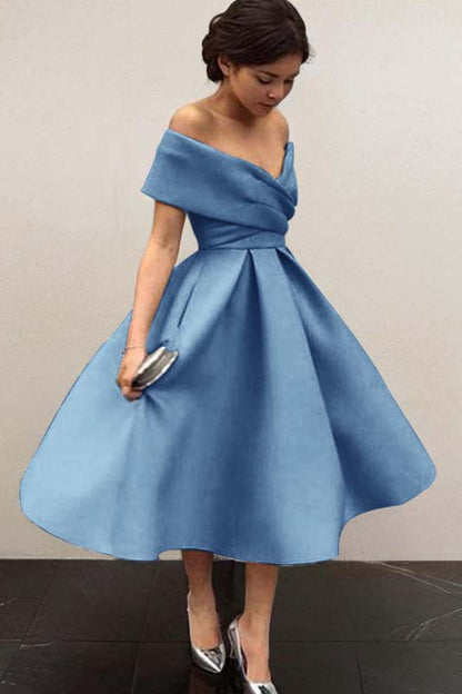 Sky Blue Satin V Neck Off the Shoulder Sleeveless A Line Homecoming Dress HC0043