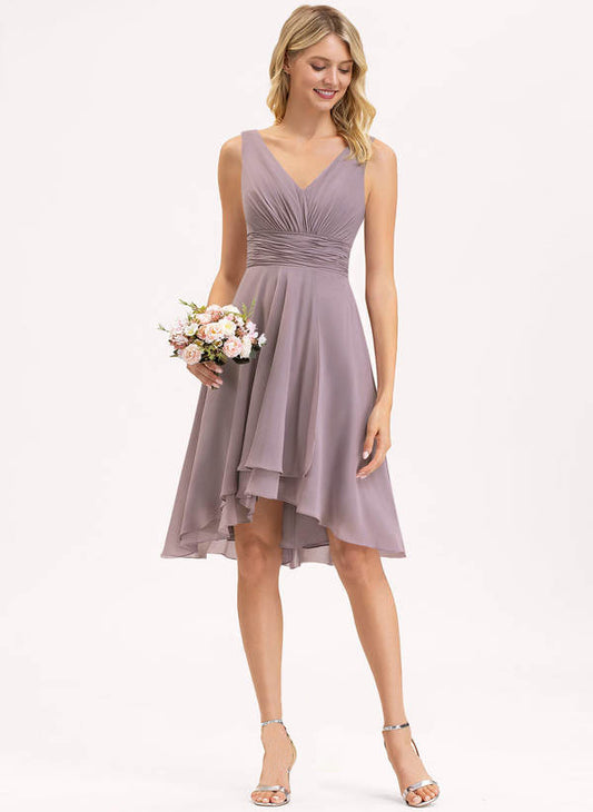 Simple Dusk Chiffon V Neck Sleeveless High Waist Pleated Short Bridesmaid Dress RO047