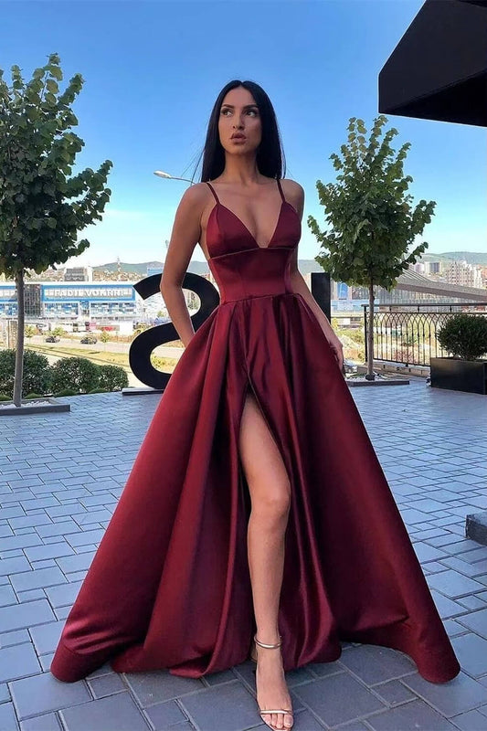 Elegant Burgundy Satin V Neck Spaghetti-Straps Long A-Line Split Prom Dress ED0113