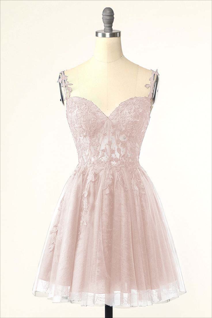 Dark Navy Tulle Sweetheart Spaghetti Strap Sleeveless Homecoming Dress With Embroidery HC0020