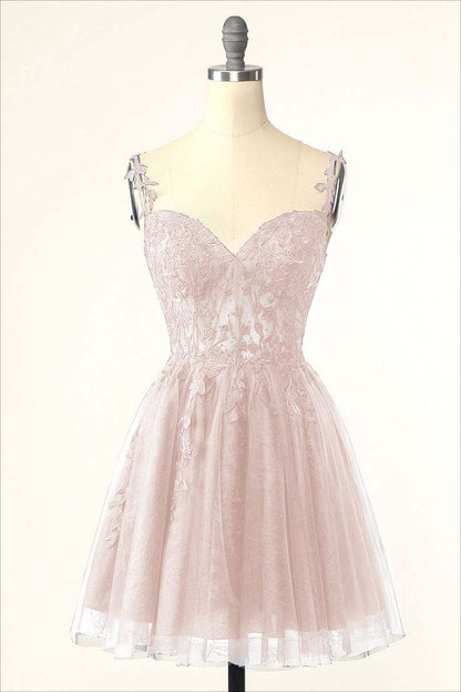 Dark Navy Tulle Sweetheart Spaghetti Strap Sleeveless Homecoming Dress With Embroidery HC0020