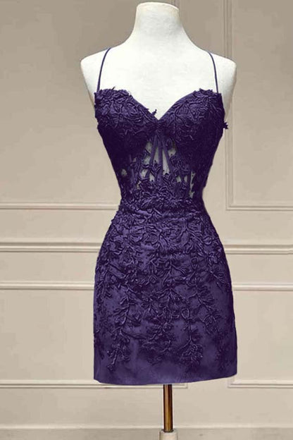 Hellodresses Royal Blue Spaghetti Strap Sleeveless Short Homecoming Dress With Embroidery