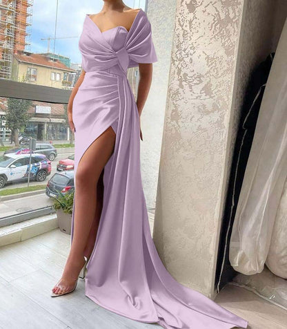 Gorgeous Dusty Sage Portrait V-Neck Pleated Slit Prom Dress with Ruffle ED0486