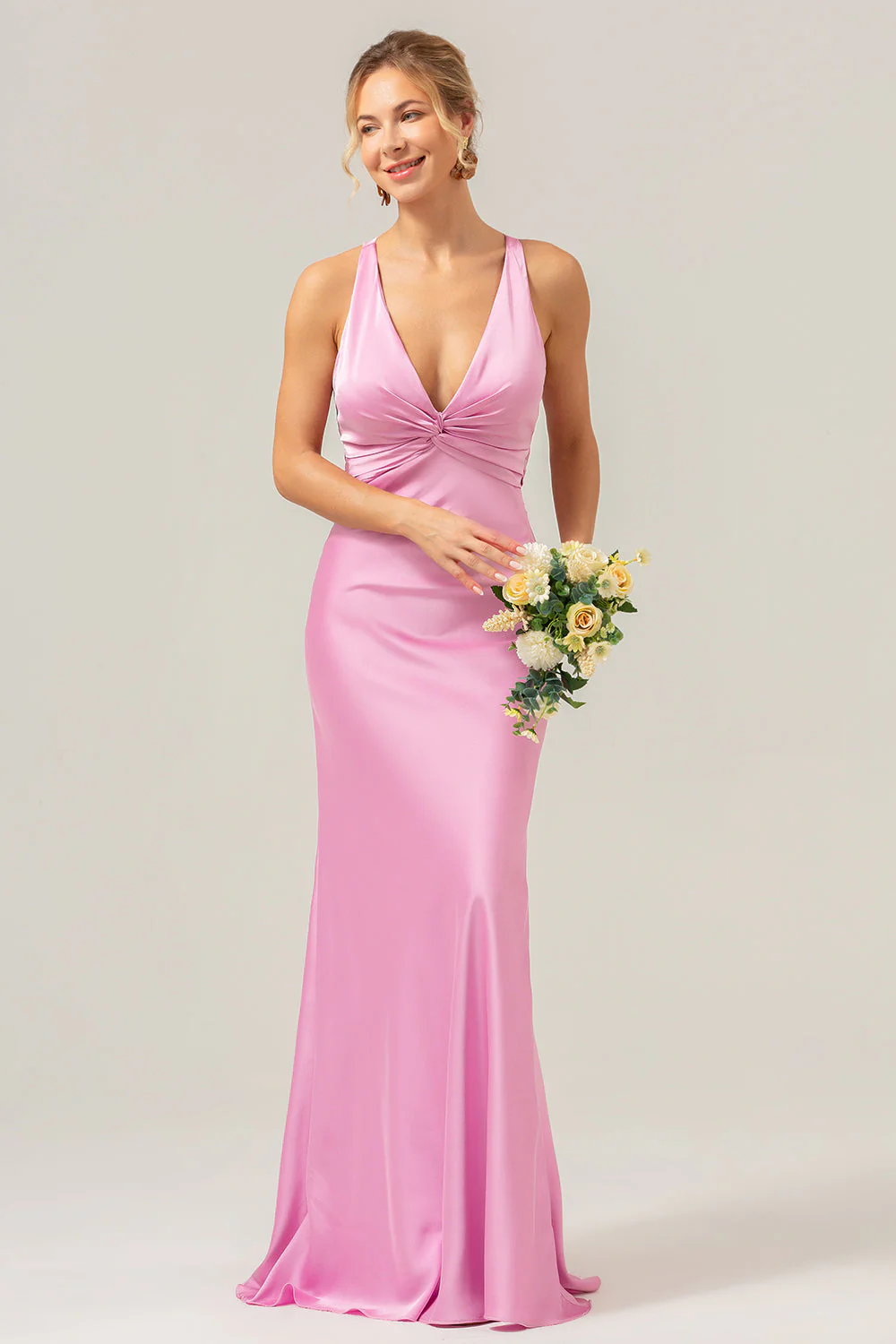 Candy Pink Sleeveless Mermaid Bridesmaid Dress with V Neck YU0054