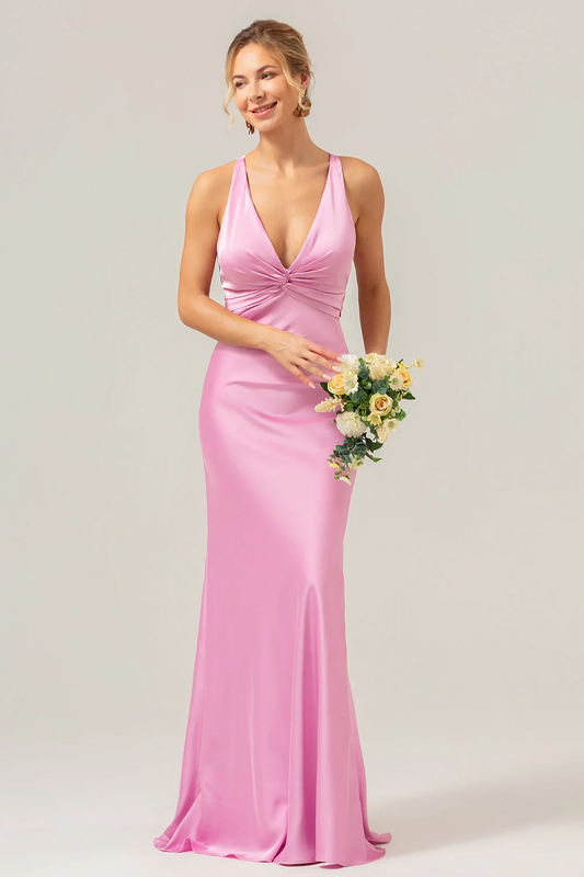 Candy Pink Sleeveless Mermaid Bridesmaid Dress with V Neck YU0054