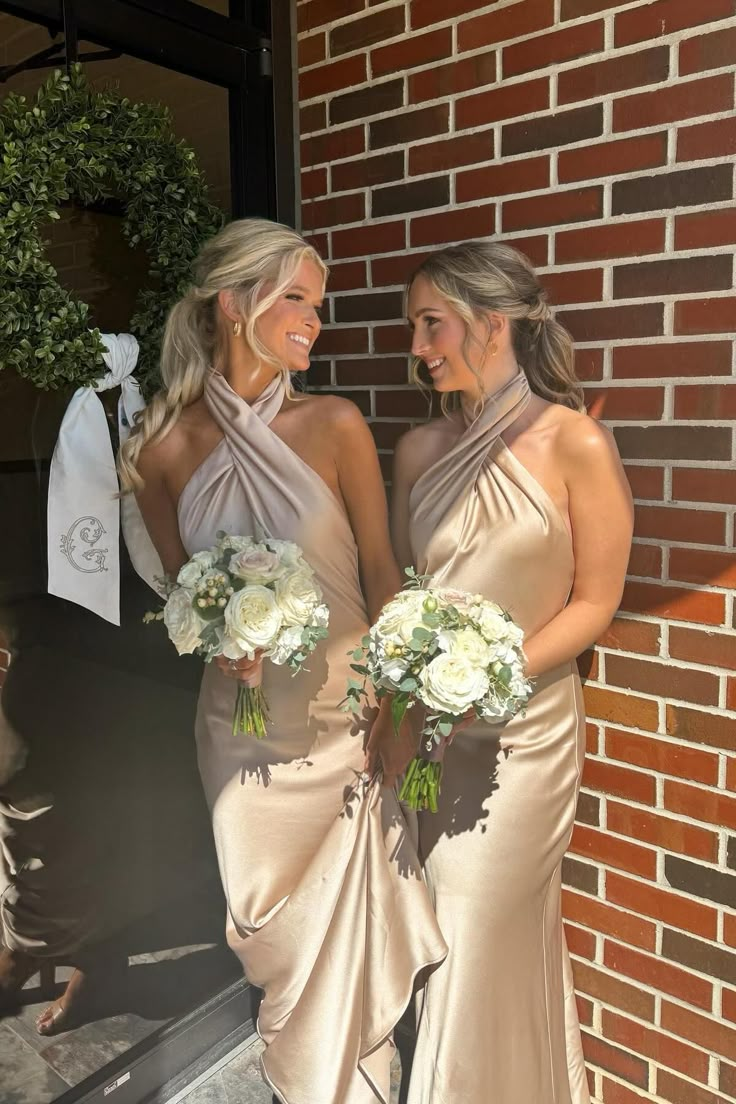 Classy Halter Champagne Backless Sheath Tea Length Bridesmaid Dress Formal Wedding Guest Dress D963