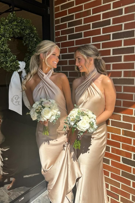 Classy Halter Champagne Backless Sheath Tea Length Bridesmaid Dress Formal Wedding Guest Dress D963