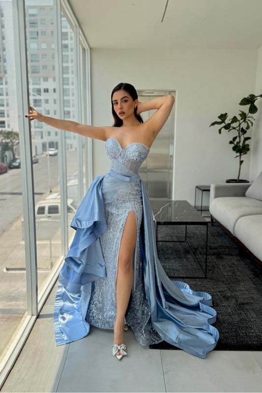 Chic Blue Strapless Sequins Sweetheart Sleeveless Split Prom Dress With Train | Zelldresses