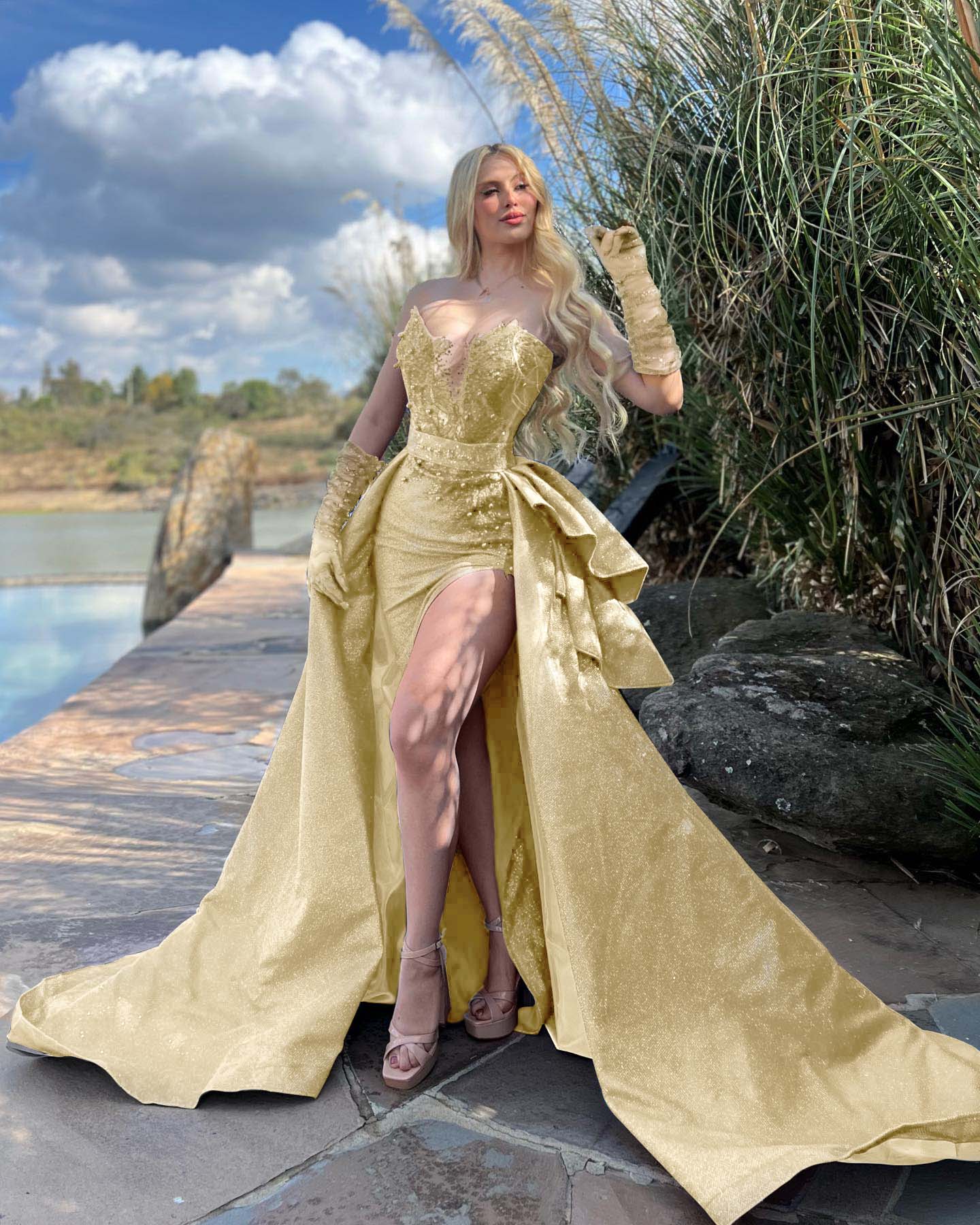 Strapless Sleeveless Long Split Prom Dress With Gloves Beading YB0072