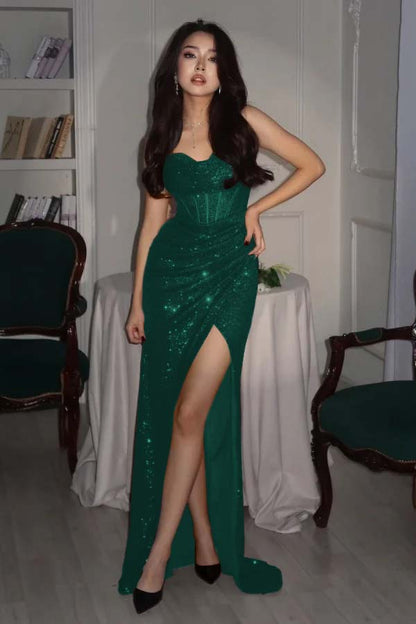 Sequin Strapless Sleeveless Long High Split Prom Dress With Pleated YK0006