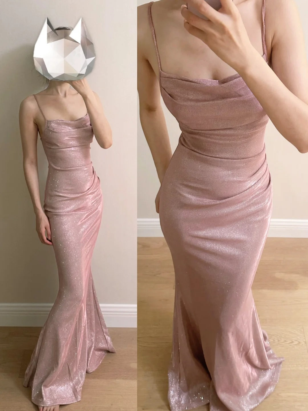 Elegant Pink Mermaid Spaghetti Strap Glittery Long Prom Dress Evening Dress Bridesmaid Dress P4253