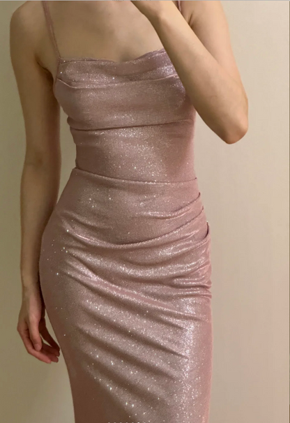Elegant Pink Mermaid Spaghetti Strap Glittery Long Prom Dress Evening Dress Bridesmaid Dress P4253
