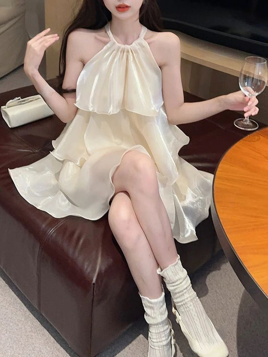 Gentle A Line Halter Layered Light Champagne Satin Short Homecoming Dress Cocktail Dress SH3109