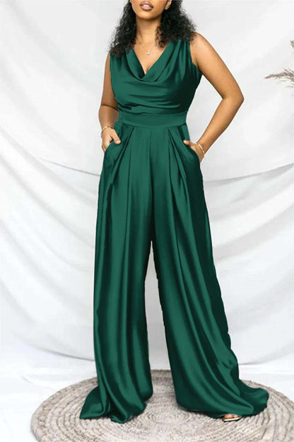 Hellodresses Exquisite Purple Satin V Neck Sleeveless Wid-Leg Long Jumpsuit with Pleated