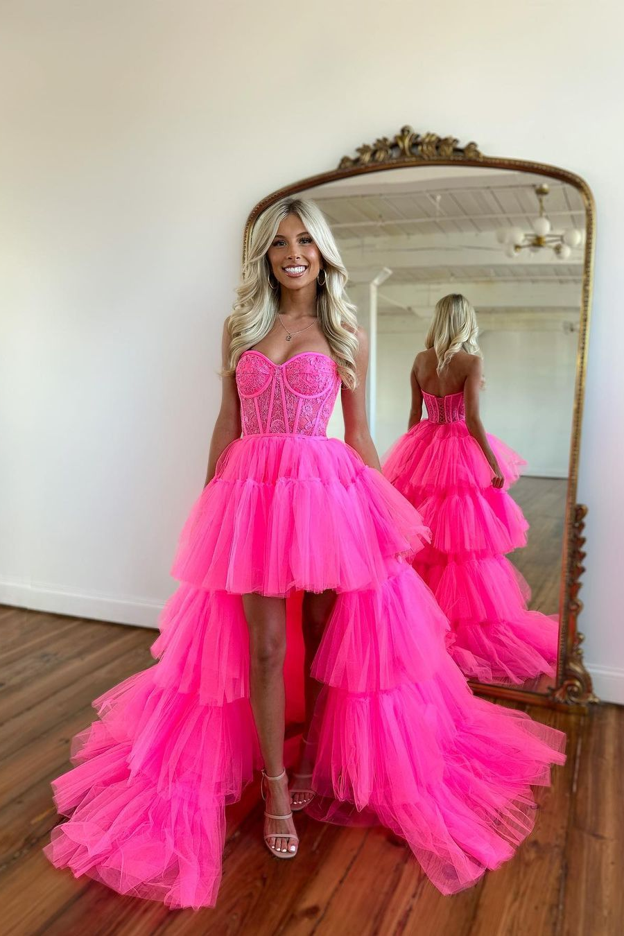 Beautiful Pink Prom Dress Sleeveless Tulle Gown With Train YL0113