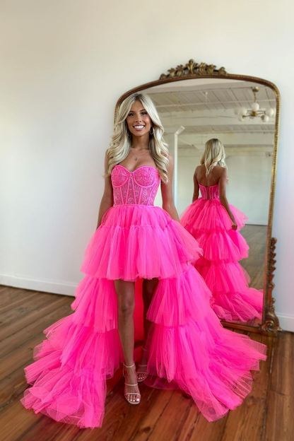 Beautiful Pink Prom Dress Sleeveless Tulle Gown With Train YL0113