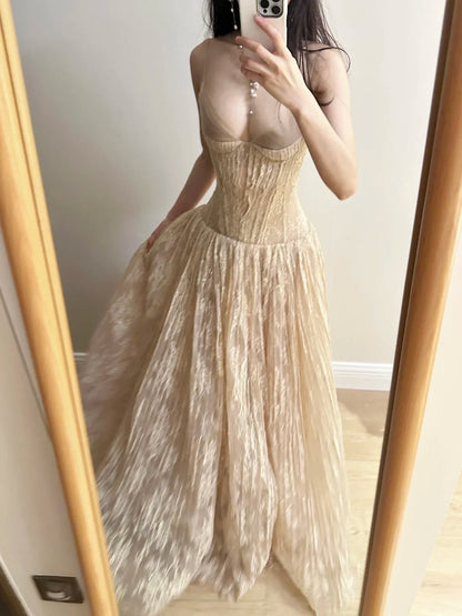 Elegant Nude Apricot A-line Deep V Halter Lace Long Prom Dress Evening Dress Bridesmaid Dress P4265