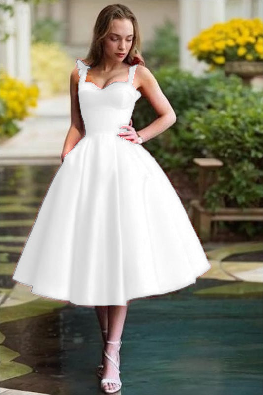 Red Satin Sweetheart Spaghetti Strap A Line Mid Homecoming Dress with Ruffles HC0037