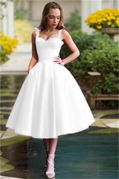 Red Satin Sweetheart Spaghetti Strap A Line Mid Homecoming Dress with Ruffles HC0037