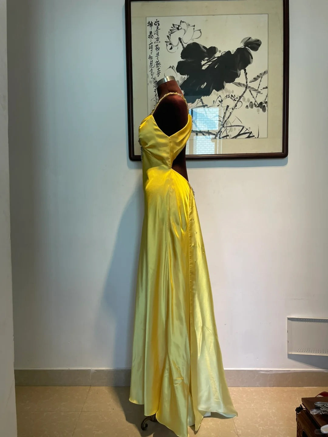 Vintage Yellow Fitted Halter Neck Satin Long Prom Dress Evening Dress Bridesmaid Dress P4266