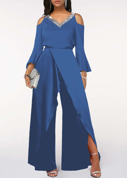 Hellodresses Black V Neck Ruffled Sleeves High Waist Split Wide Leg Jumpsuit with Beadings