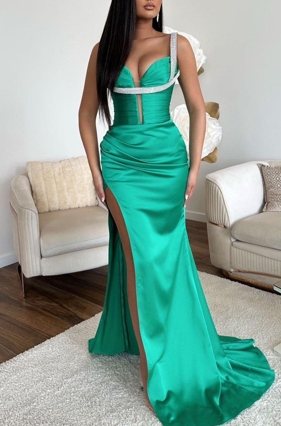 Green Prom Dress Sleeveless Spaghetti Strap Mermaid With High Slit V Neck YL0313