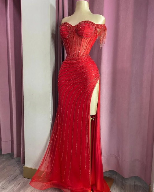 Off the Shoulder Sleeveless Long Split Prom Dress With Beading YK0161
