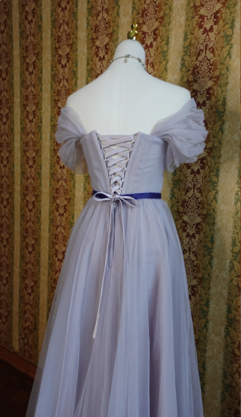 Elegant Purple A-line Puff Sleeve Tulle Long Prom Dress Evening Dress Bridesmaid Dress P4279