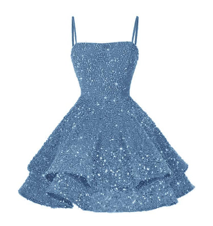 Light Pink Sequins Spaghetti Strap Sleeveless Short Homecoming Dress with Ruffles YO070