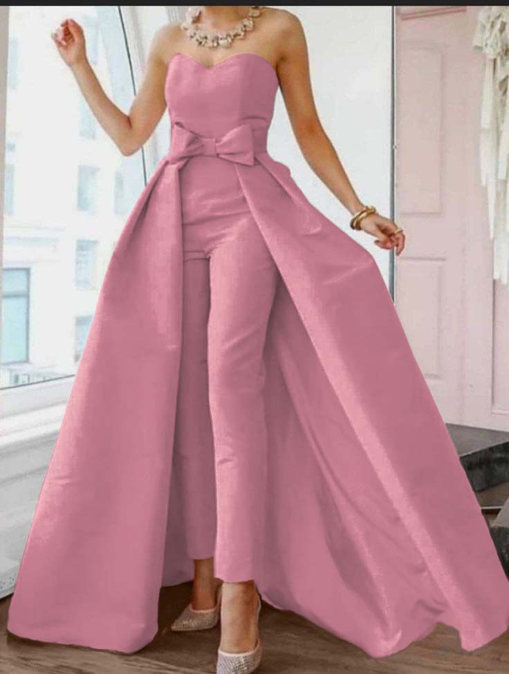Pink Jumpsuits Evening Dresses Formal Occasion Dresses Beautiful Back Sexy Engagement Sweetheart Sleeveless Detachable Bow | Zelldresses