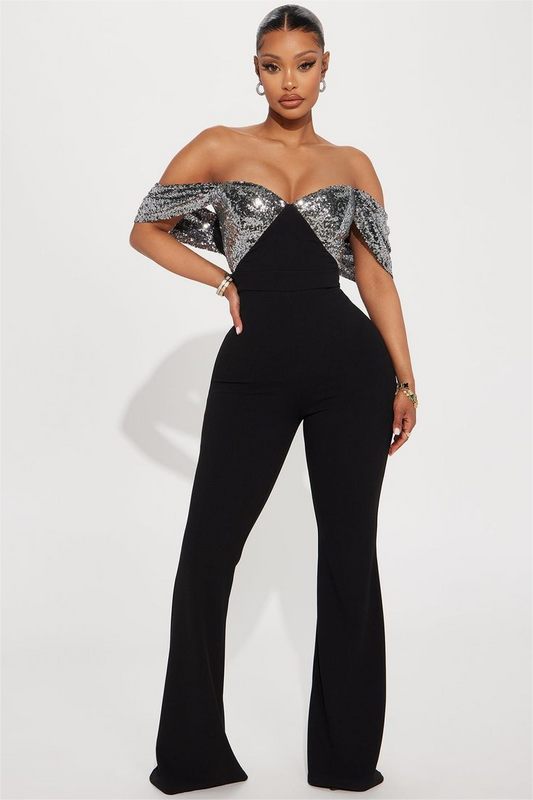 Hellodresses Charming Black Off the Shoulder Sleeveless High Waist Wid-Leg Long Jumpsuit with Sequins