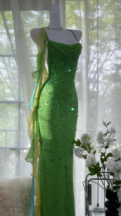 Shiny Sheath Spaghetti Strap Sequin Beaded Green Chiffon Open Back Party Dress Evening Dress SH2874