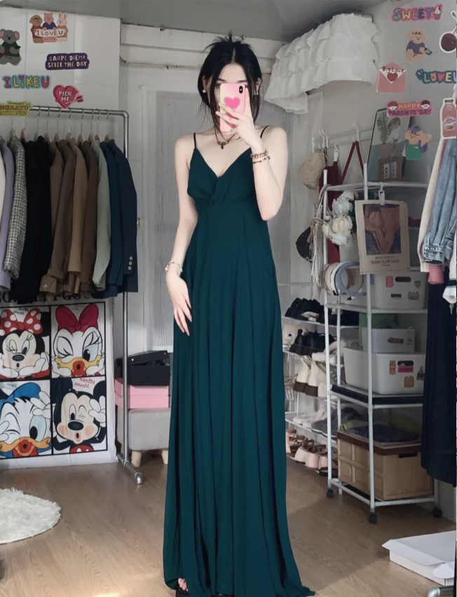 Simple Dark Green A-Line V-Neck Halter Chiffon Long Prom Dress Evening Dress Bridesmaid Dress P4283