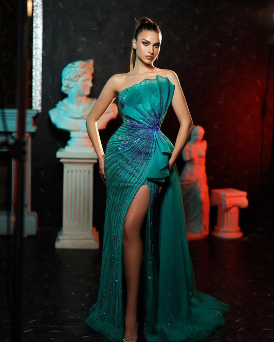 Hellodresses Sleeveless Shining Strapless Beading High Split Long Prom Dress