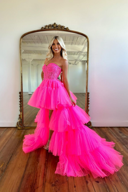 Beautiful Pink Prom Dress Sleeveless Tulle Gown With Train YL0113